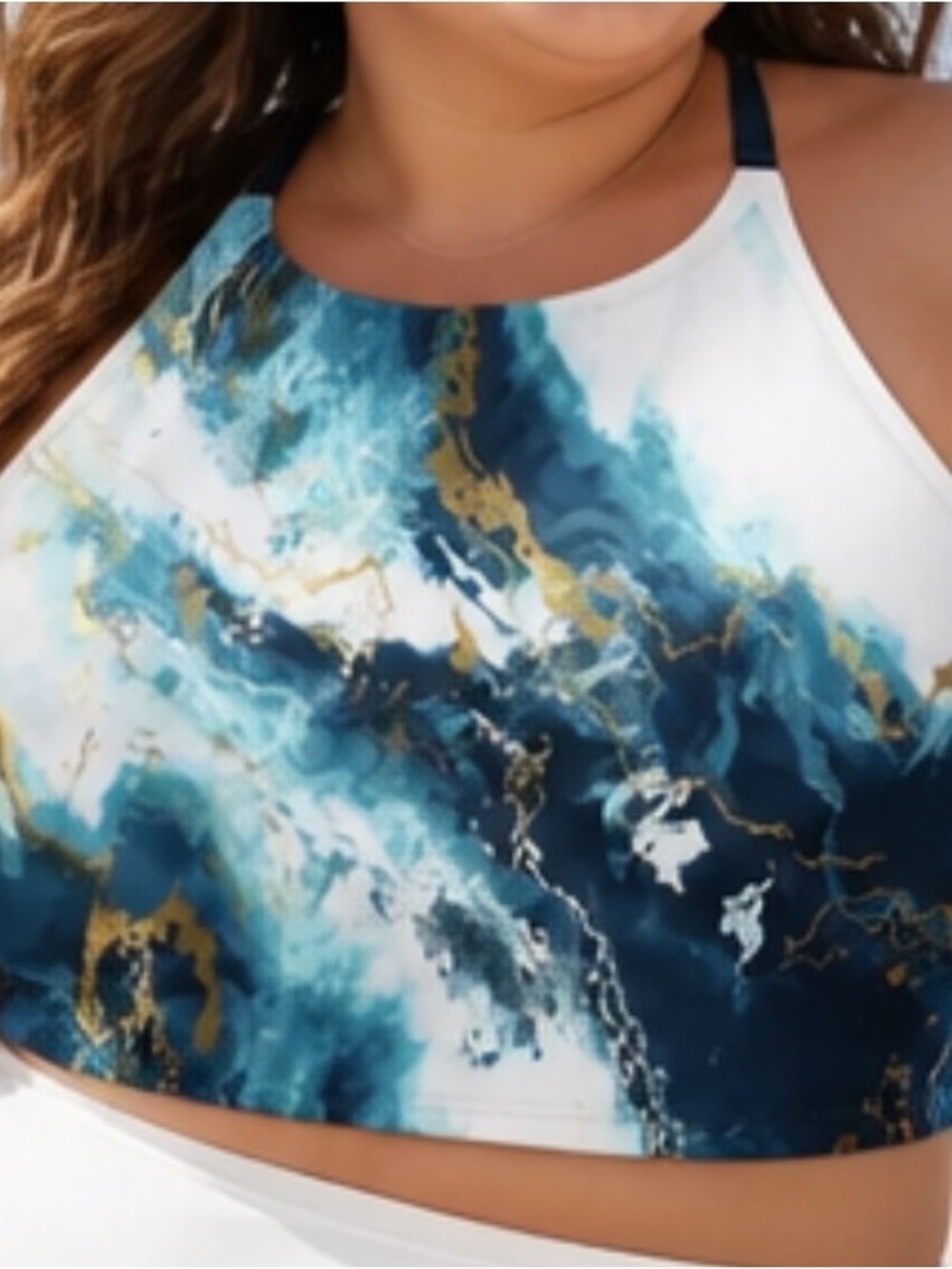 High Neck Blue Marble Print Women's Tank Top